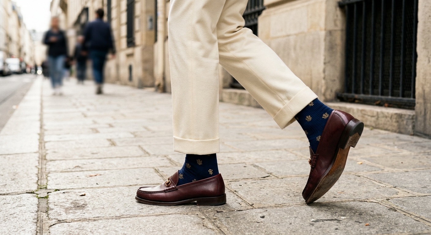 The Parisian Step — Noir Meridian × burgundy loafers