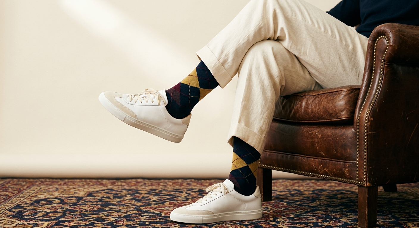 Linen & Leisure — Heritage Argyle × white sneakers