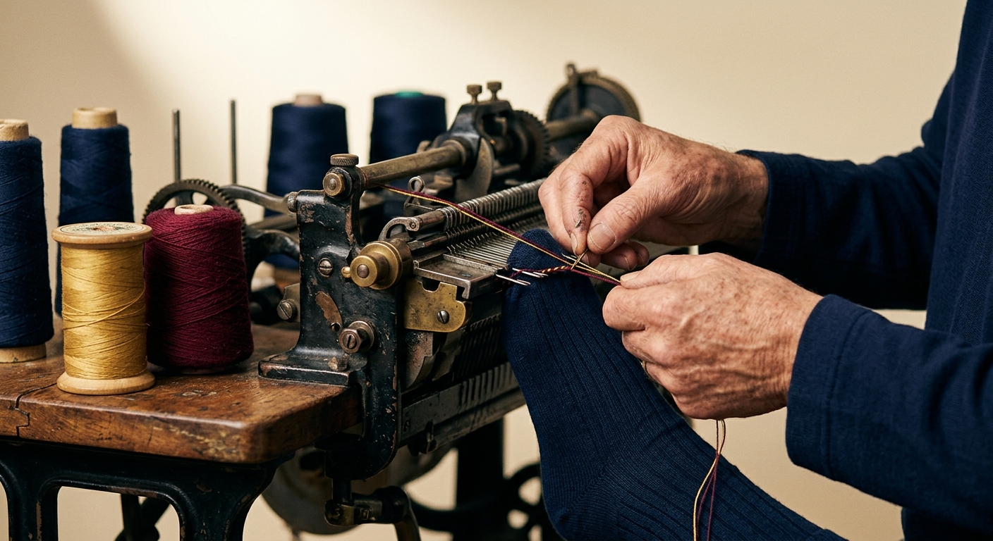 Artisan hands linking a Locka sock in the atelier